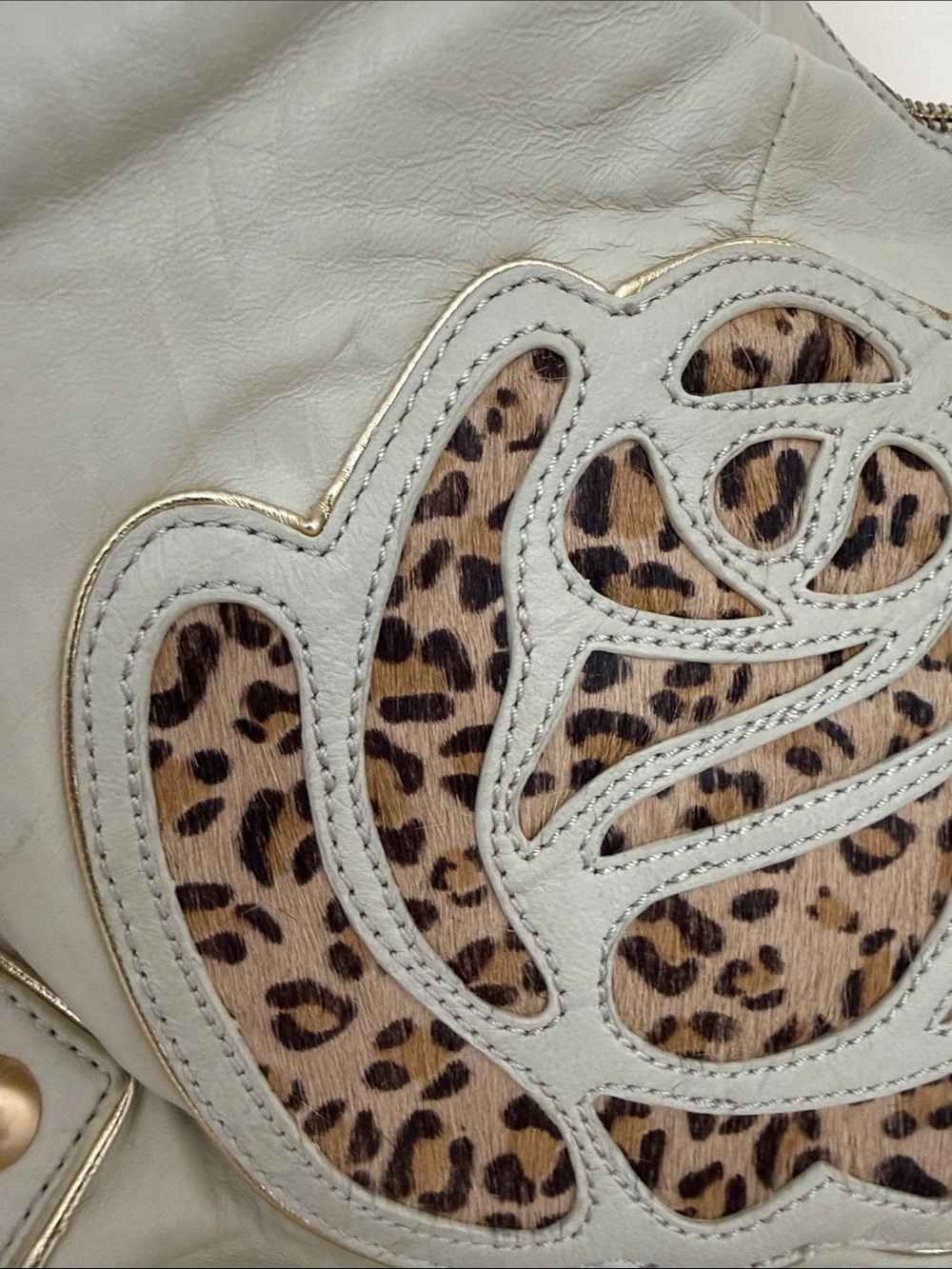Betsey Johnson Cream Fringe Shoulder Bag with Leopard Rose Cutout - Picture 2 of 7